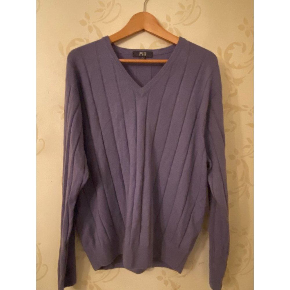 Men's Size XL Fiji 100% Cashmere Blue Ribbed V-Neck Sweater